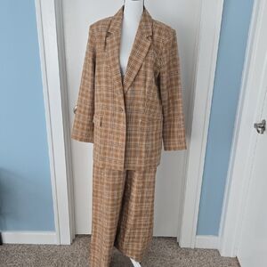 Melrose and Market Tan Plaid Houndtooth Wide Leg Pant Oversized Blazer Suit L